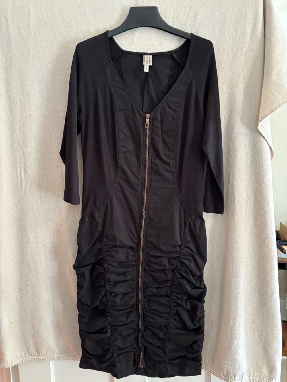 XCVI Black Ruched Zip-Front Midi Dress